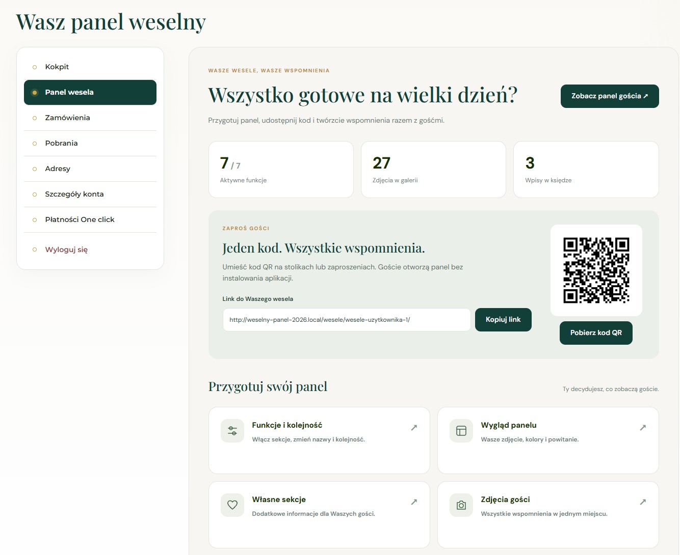 Panel pary młodej: funkcje wesela, zdjęcia gości i kod QR