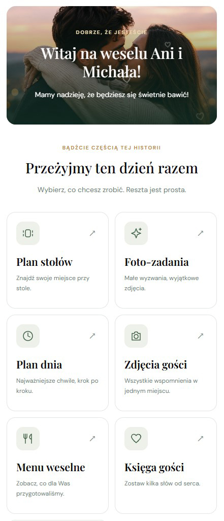 Panel gościa na telefonie: powitanie, plan stołów, foto-zadania i zdjęcia
